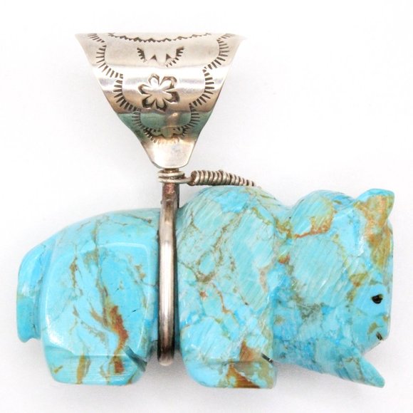 Vintage Zuni Buffalo Fetish Sculpted Turquoise 2" Large Sterling Silver Pendant - Picture 8 of 11